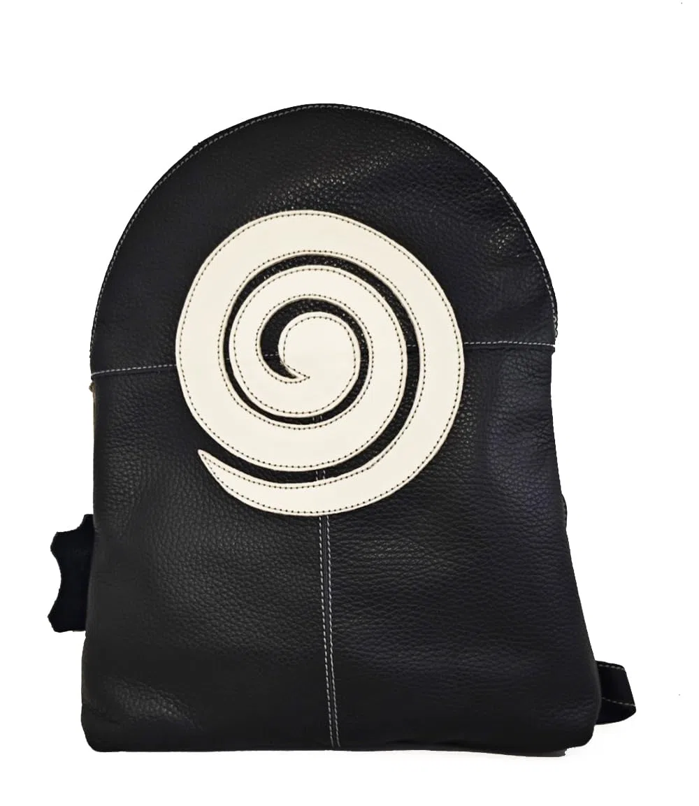 Mochcila espiral de piel negra. Mochila espiral negra de cuero auténtico para mujer. Mochila espiral de mujer.