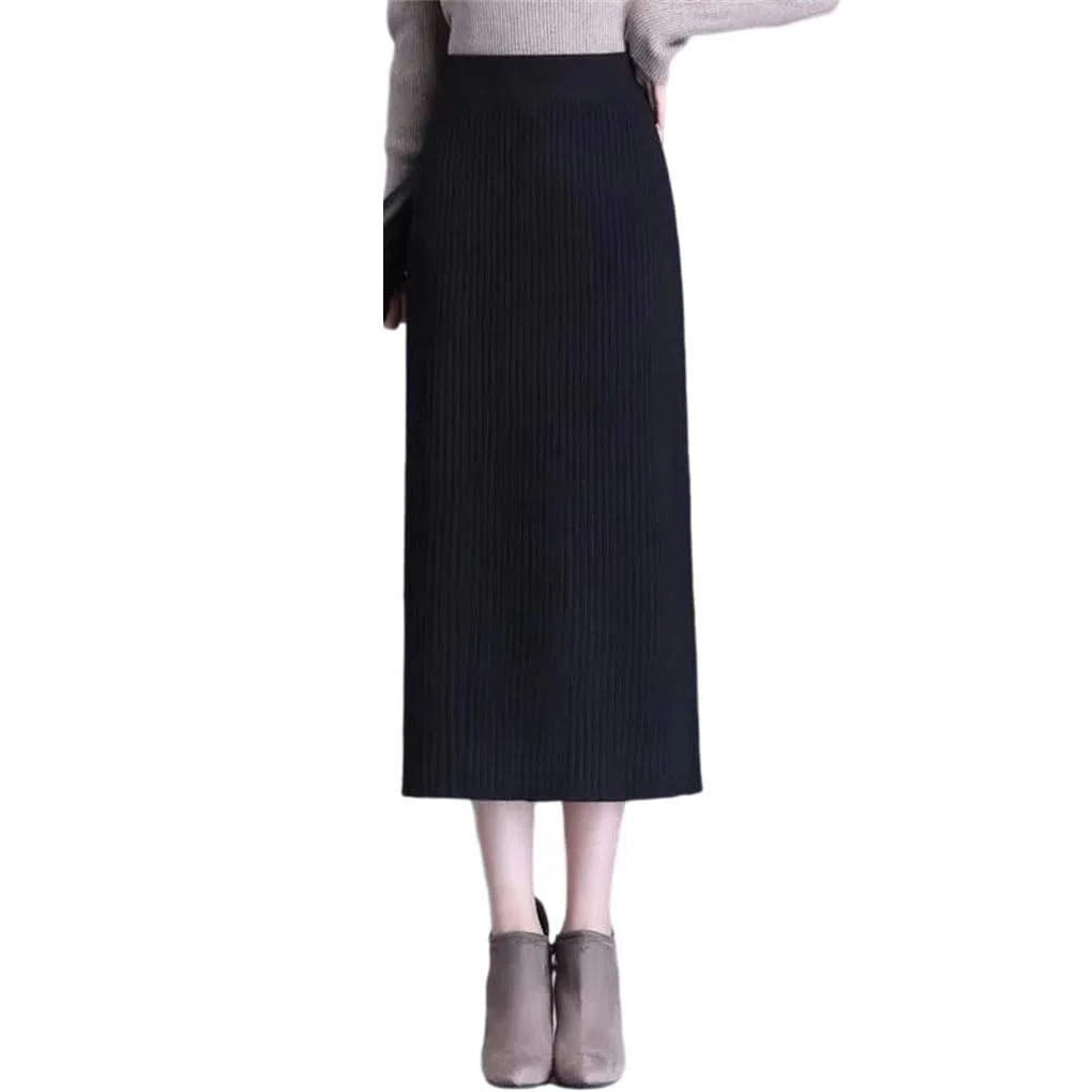 Falda midi de punto ajustada para mujer, cintura alta, casual, plisada, falda elástica