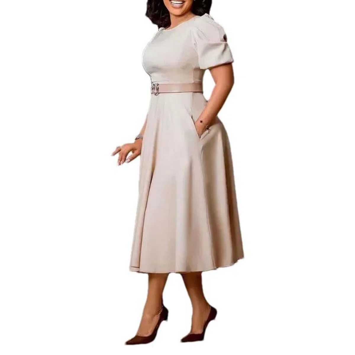 Adhdyuud Elegante vestido midi africano con manga abombada, cinturón, cuello redondo, acampanado, ropa formal de oficina
