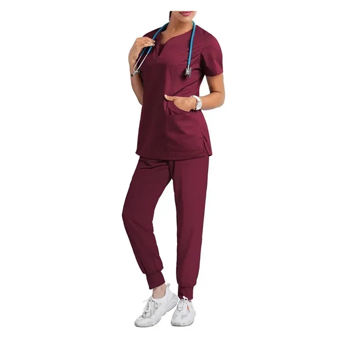 Uniforme Sanitario Mujer Ropa Top Farmacia Trabajo Hospital Doctor Enfermería Uniforme V-Cuello Jogger Enfermera Mujeres Casual Short(Burgundy Set,M(50-60KG))