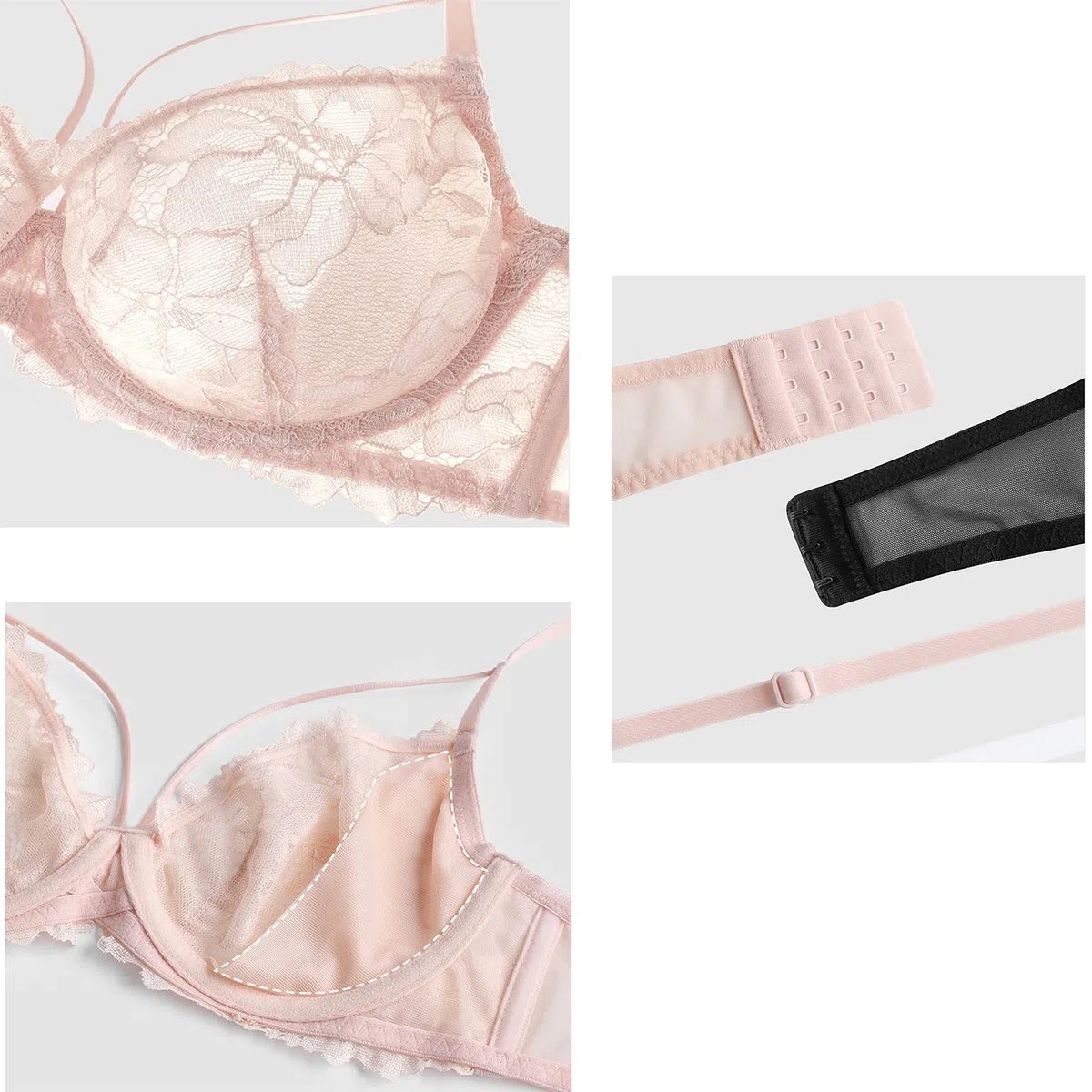 WENJUN Conjunto de sujetador y bragas sexy para mujer, lencería de encaje con aros, sujetador transparente no acolchado, bralette de vendaje fino (color negro, tamaño: 85E)