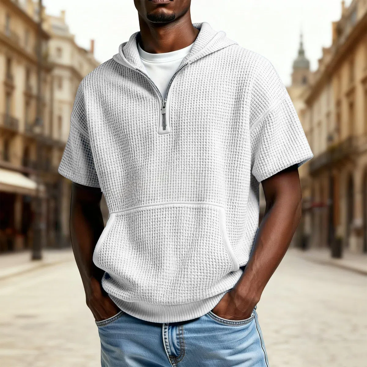 Camisa Sin Mangas Hombre Sudadera con Capucha para Hombre, De Punto Cremallera Un Y Manga Larga Bolsillo (White, M) Protección Solar Impermeable Chaqueta Camisas Oversized Gym Proteccion