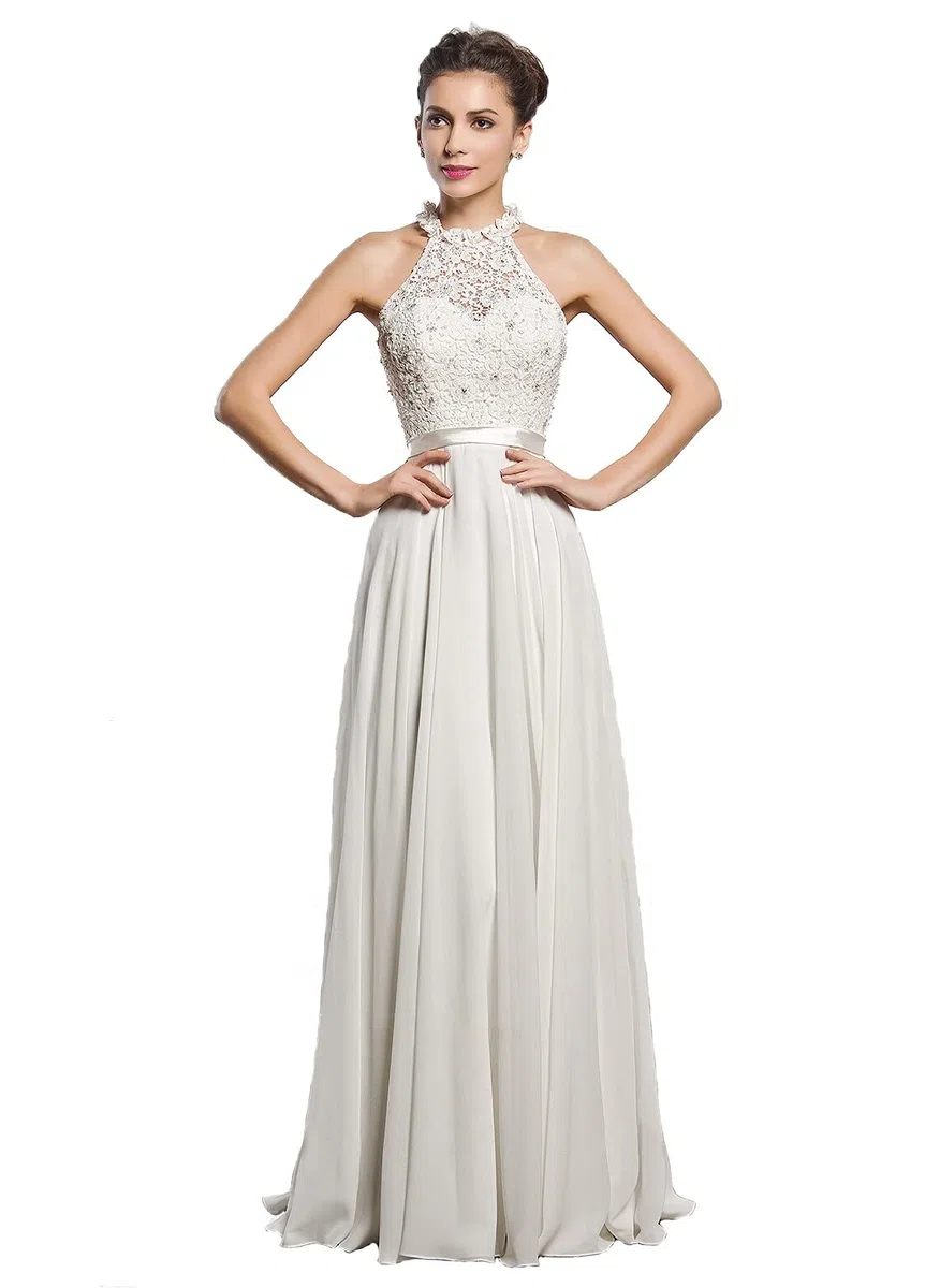 Dinavian - Vestido largo de gasa para mujer, cuello redondo, fiesta, dama de honor, vestido de novia