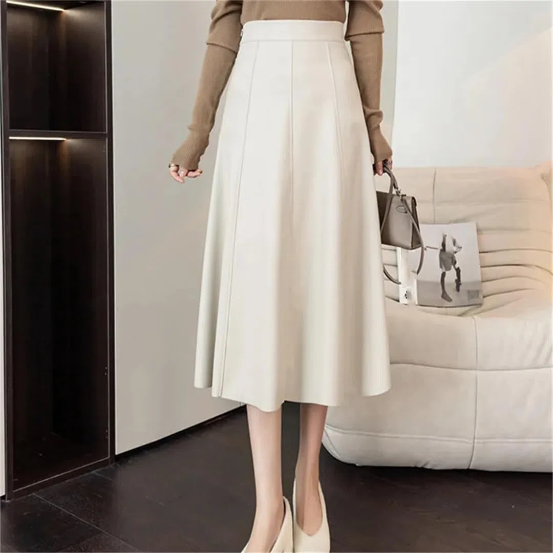 Otoño Invierno Mujeres PU Cuero Faldas Elegante Sólido Patchwork Cintura Alta A-Line Midi Falda