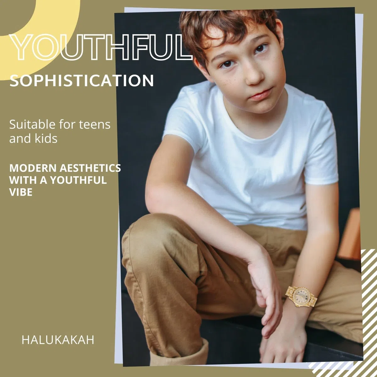 HALUKAKAH Reloj de Oro con Diamantes para Niños,Adolescentes - Chapado en Oro 18K/Platino,Esfera Redondo 39mm,Cuarzo Japonés - Longitud 19cm - Opcional con Cadena Cubana,Herramienta de Ajuste Incluye