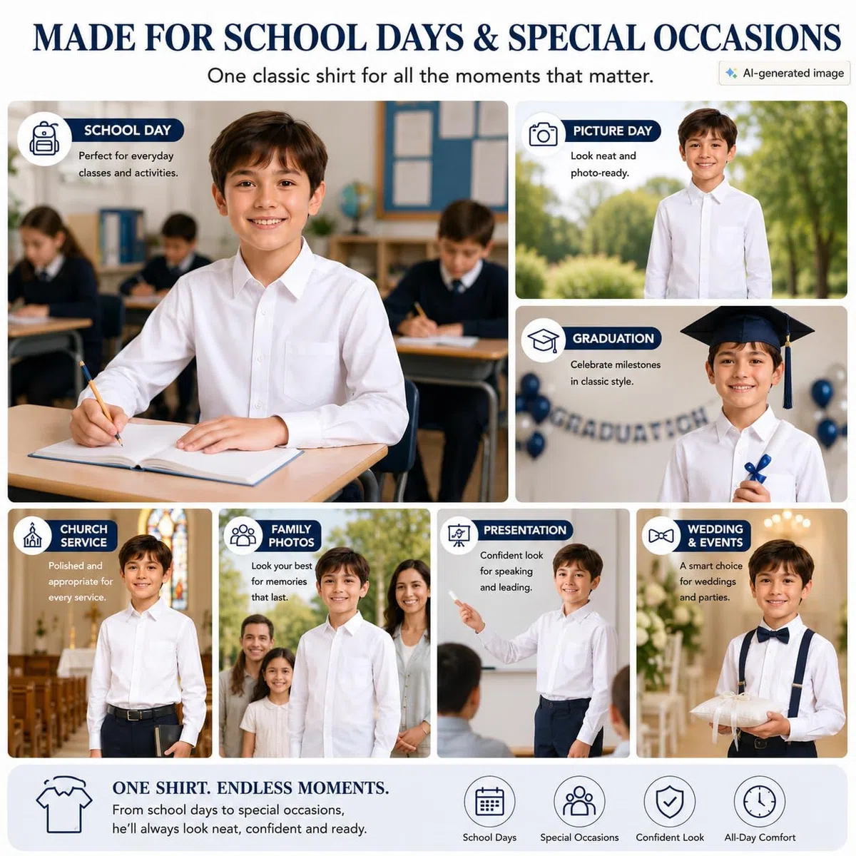 Bienzoe - Camisa Oxford de manga larga con botones para niño - Blanco - (10- 11 años)