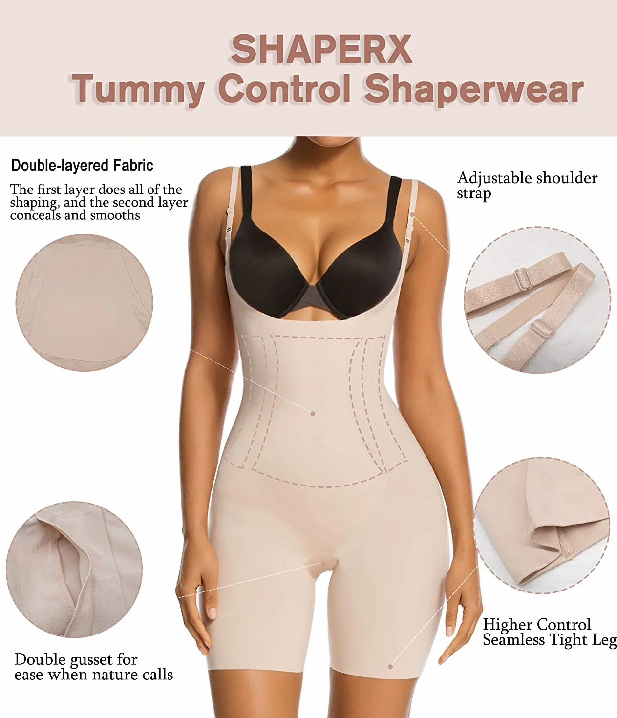 SHAPERX Bodies Moldeador Mujer Shapewear Control de Abdomen Bodysuit Body Shaper Reductor Invisible Posparto