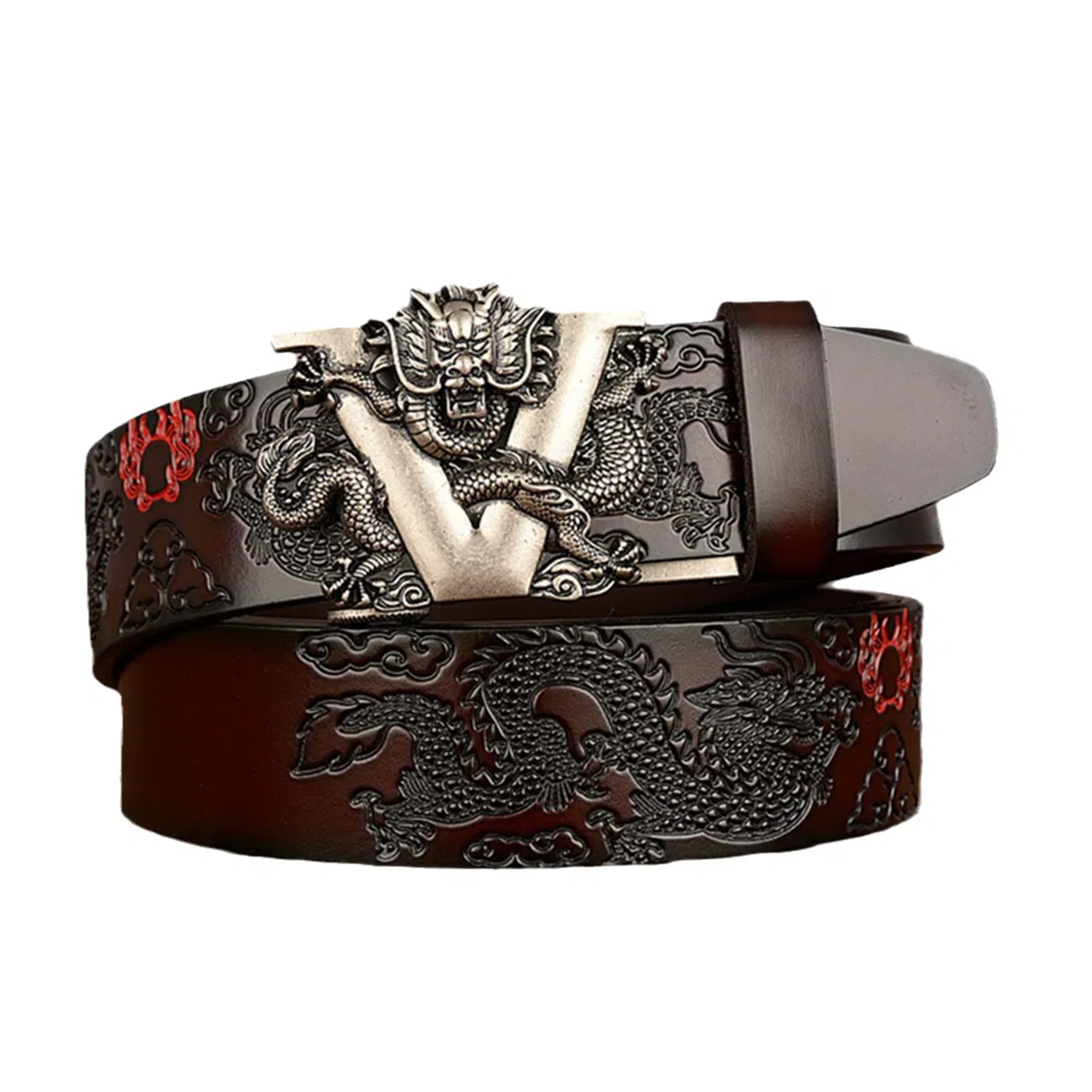 cinturón, Correa de trinquete cuero genuino for hombre con hebilla automática deslizante 3D plateada, 3,5 cm ancho - Hebilla ajustable(Coffee,125cm/waist:42"~44")