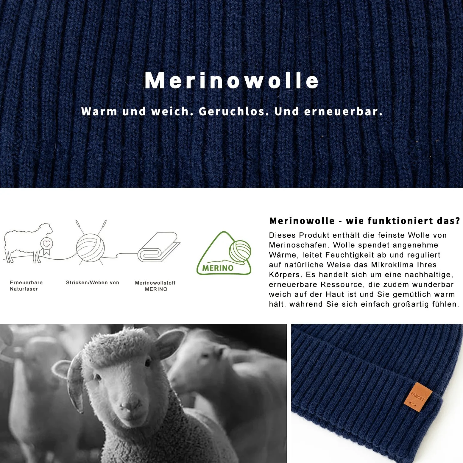 Fancet Gorro de invierno unisex 55% lana merino para caminar, golf, trabajo al aire libre, tejido de 2 capas, suave y elástico, regalos cálidos para hombres y mujeres