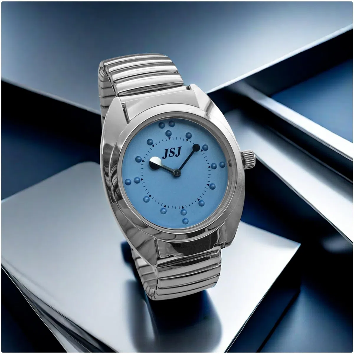Reloj De Pulsera Braille para Invidentes o Personas Mayores Azul Dial, Banda Expandible Acero
