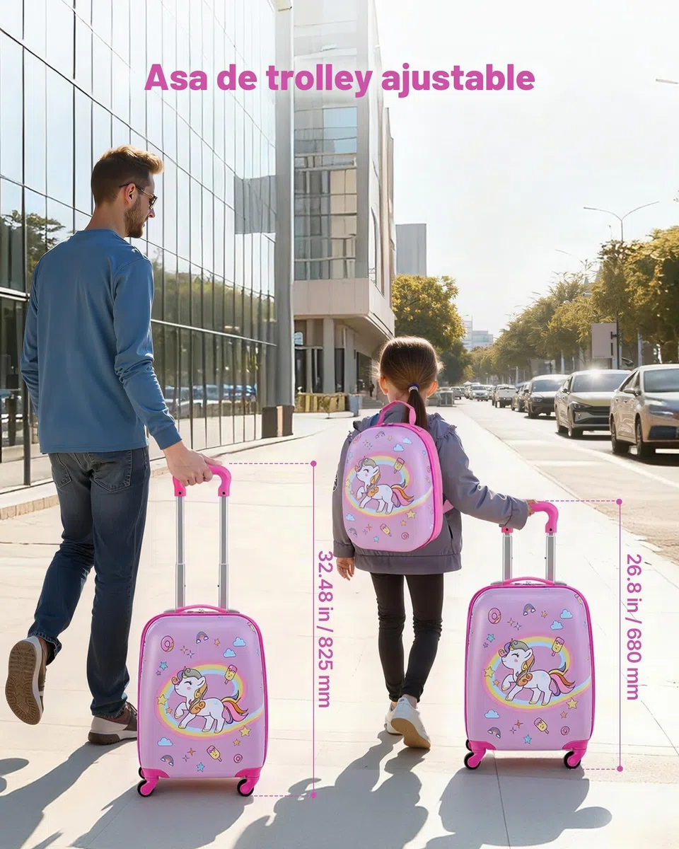 VEVOR Juego de Maletas para Niños 2 Piezas, Maleta de Cabina con Ruedas 45,7 cm Mochila de Carcasa Dura, Patrón Unicornio Rosado, Equipaje Infantil para Escuela Viaje Camping, Aprobado por Aerolíneas