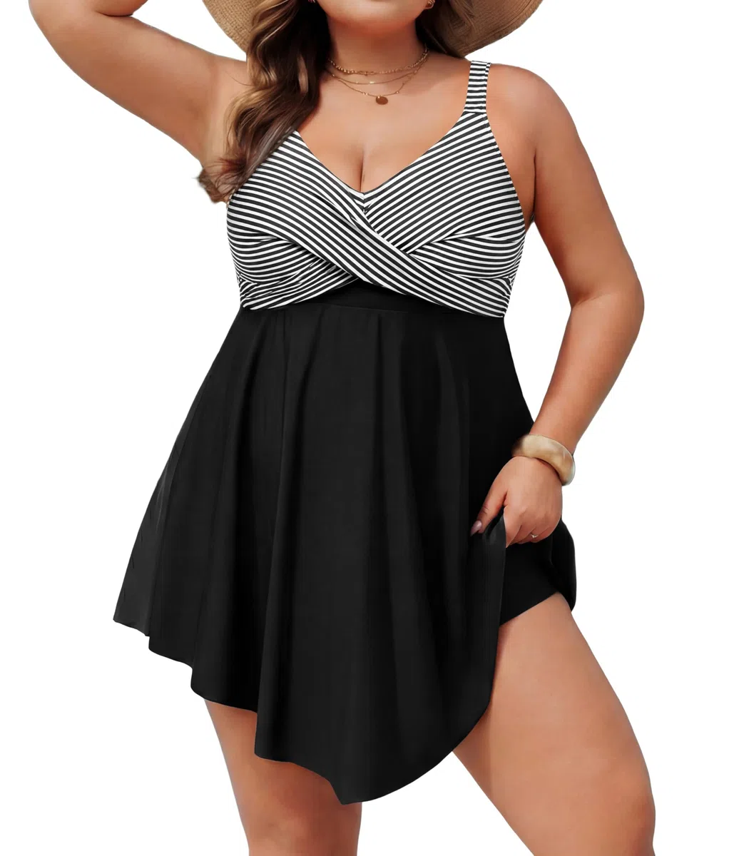 Hanna Nikole Traje de baño de una pieza con falda para mujer, talla grande, traje de baño push up, control de abdomen, traje de baño cruzado, monokinis, traje de baño con abertura y pantalones cortos