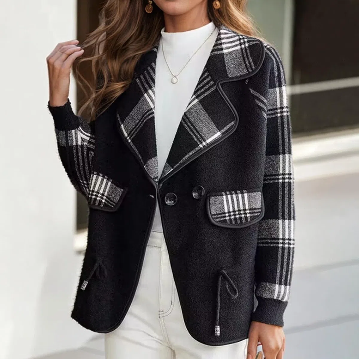 Chaqueta corta para mujer, elegante, de punto, chaqueta de otoño, a rayas, con frente abierto, cuello vuelto, chaqueta corta
