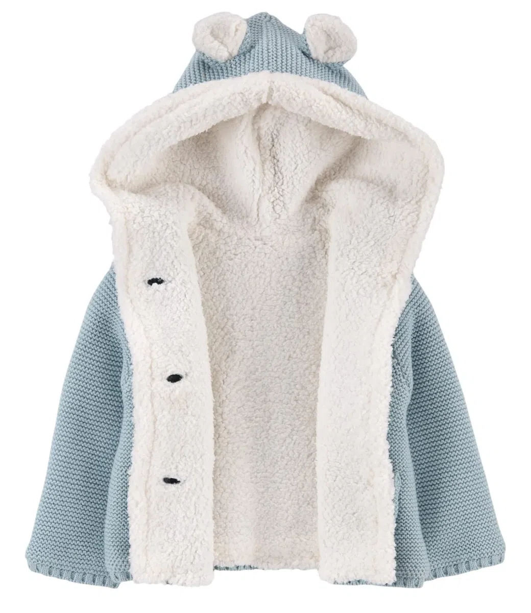 Carter's Chaqueta tipo cárdigan unisex con capucha y forro de sherpa con botones frontales para bebés y niñas
