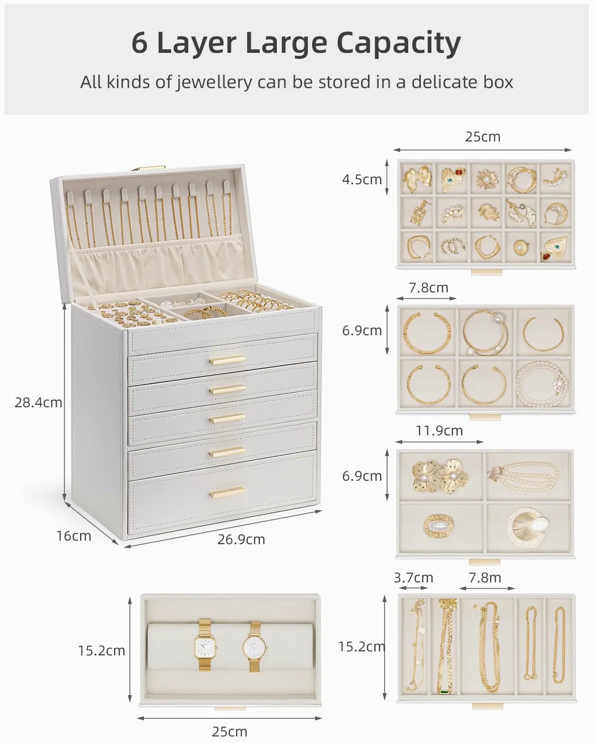 Vlando Joyero grande de 6 capas, organizador de joyas con soporte para collares, almacenamiento de joyas para anillos, pulseras y relojes, regalo para mujer (blanco)