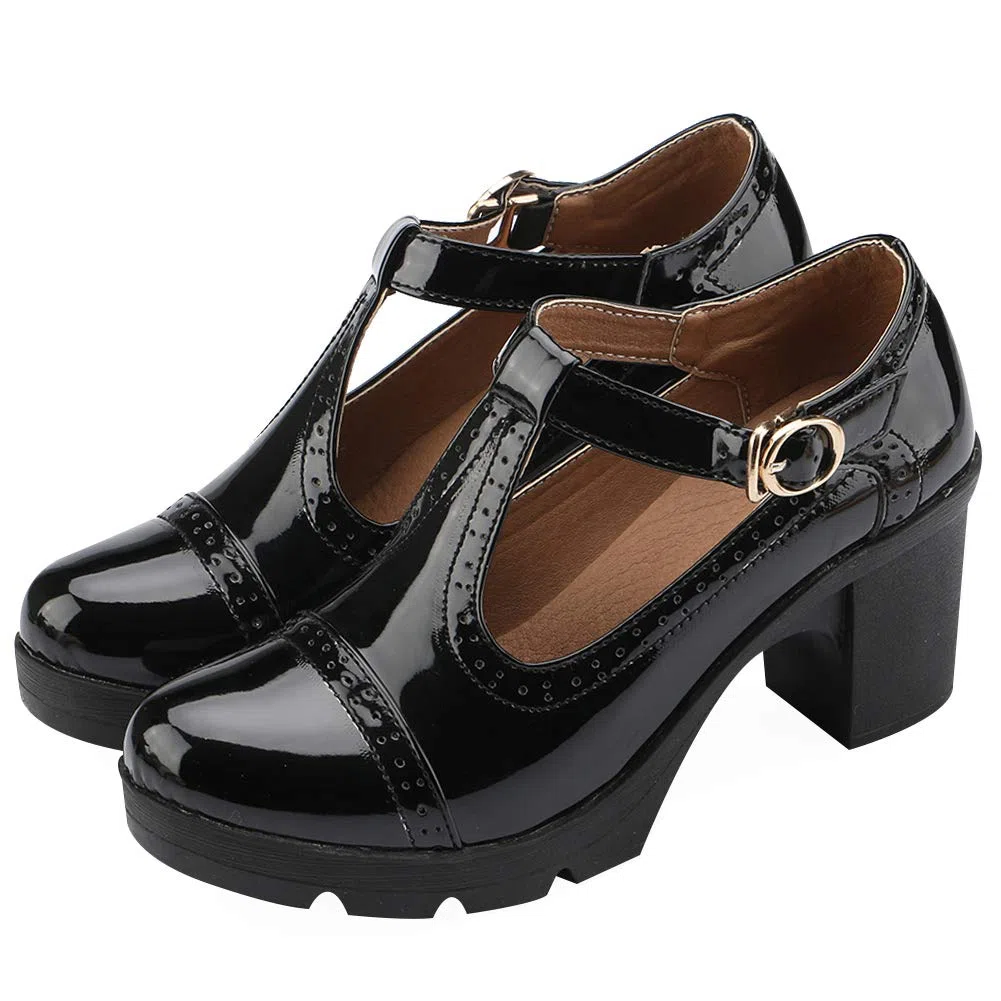 ANUFER Mujer Medio Tacón Grueso Mary Janes Brogue Bombas | Correa en T Ajustable, Cuero Sintético, Uniforme Oficina Zapatos de Vestir