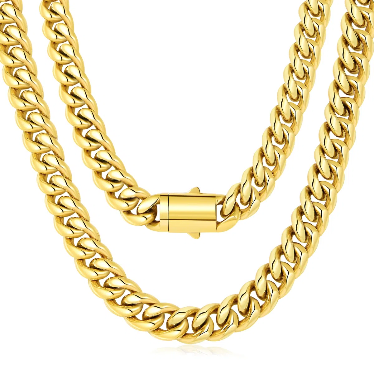Cadena de eslabones cubanos de oro de 12 mm para hombre, no se deslustra, collar de acero inoxidable 316L con cierre de caja resistente, chapado en oro de 18 quilates, cadena Miami duradera