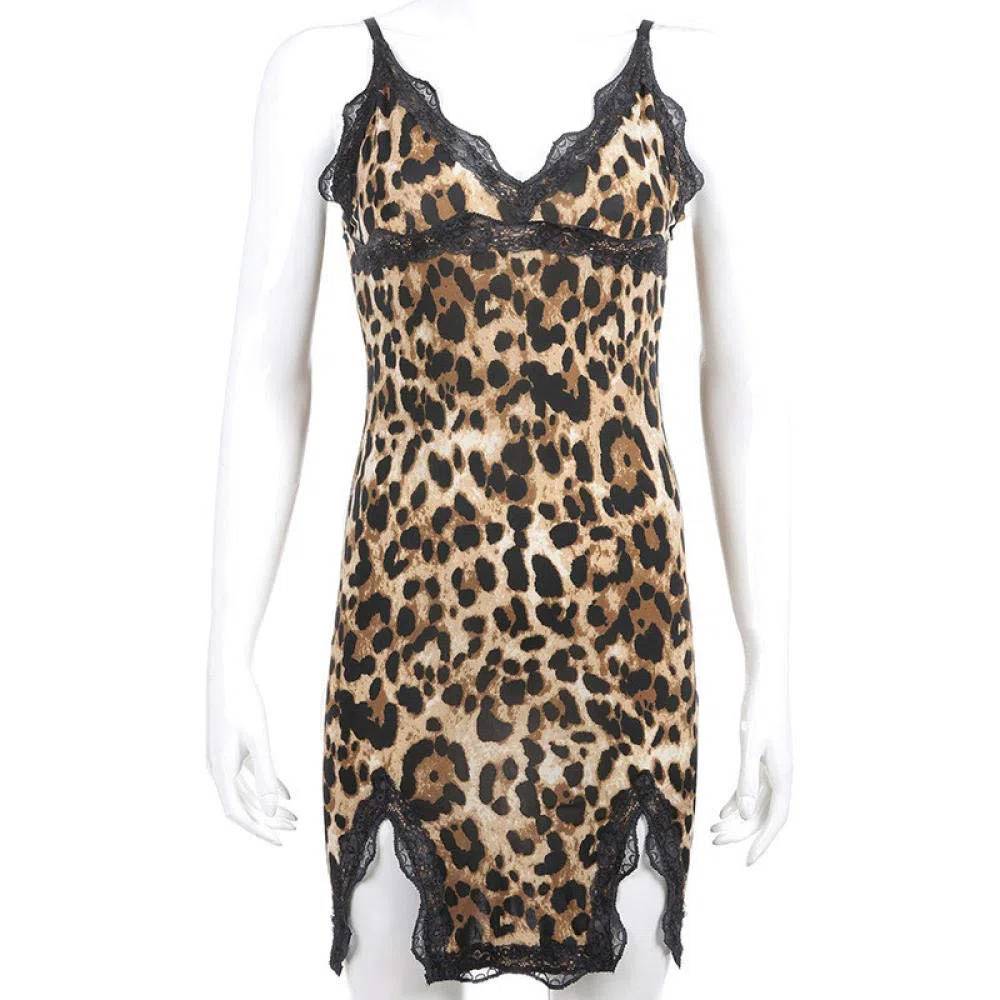 Mujer Sexy Color Negro Sensual y Elegante Fina Lenceria para DamaMujeres Ropa de Dormir Sexy Dama con Cuello en v Leopardo Encaje Honda Sexy Camisones Mujeres lencería