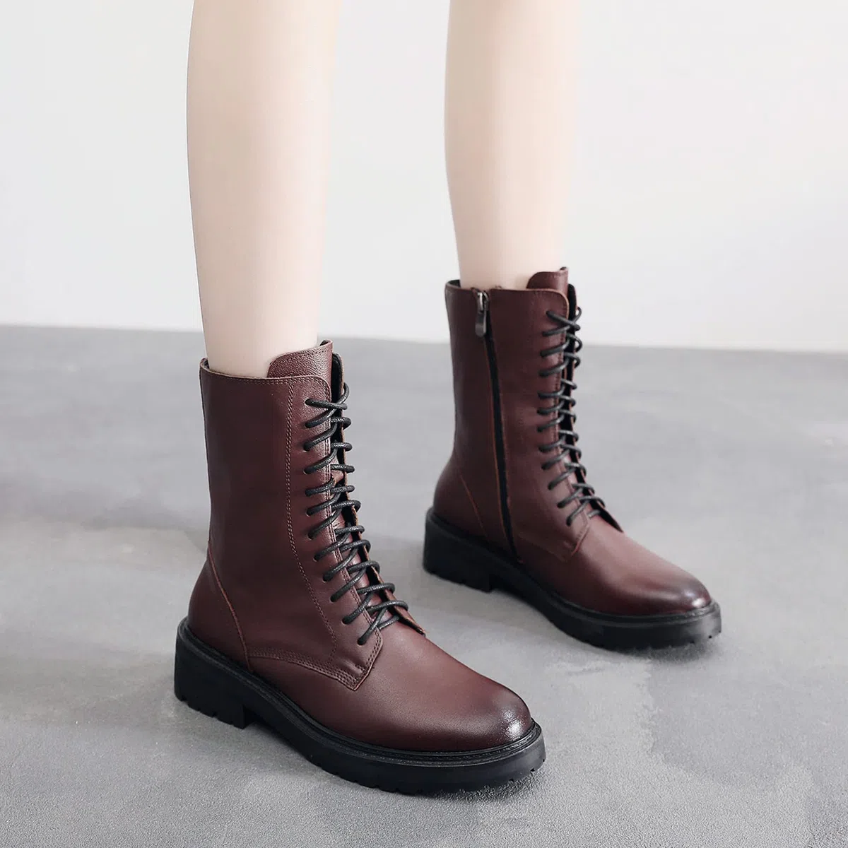 rismart Mujer Botas Militar Moteras Cuero Media pierna Invierno Guay Botines