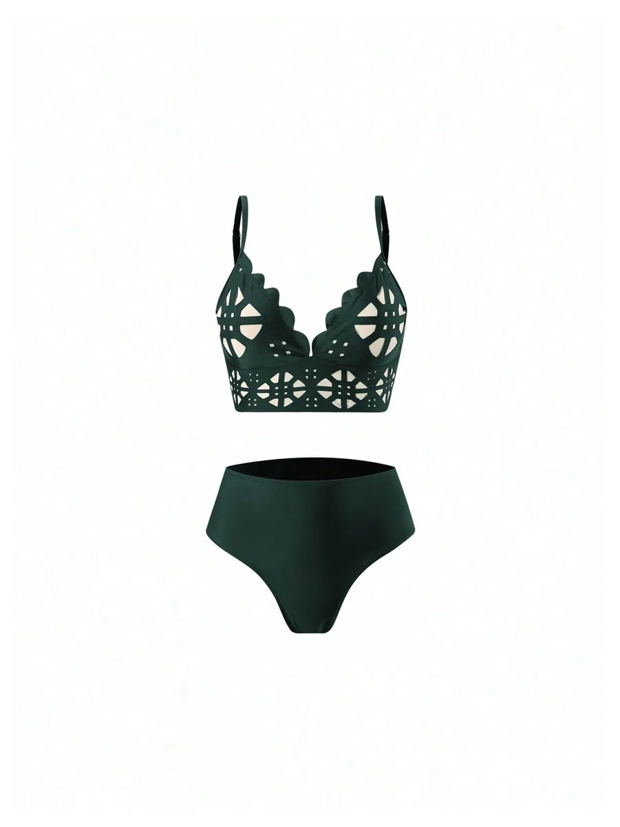 Traje de baño de 3 piezas para mujer, conjunto de bikini hueco con pantalones de cobertura, color verde, talla M