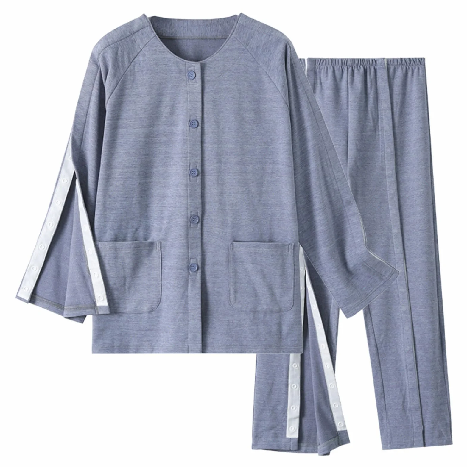 Traje de enfermería Batas de hospital Tearaway Snap, ropa de cuidado de estilo largo para mujer, ayuda de enfermería completamente abierta después de la cirugía con bolsillo