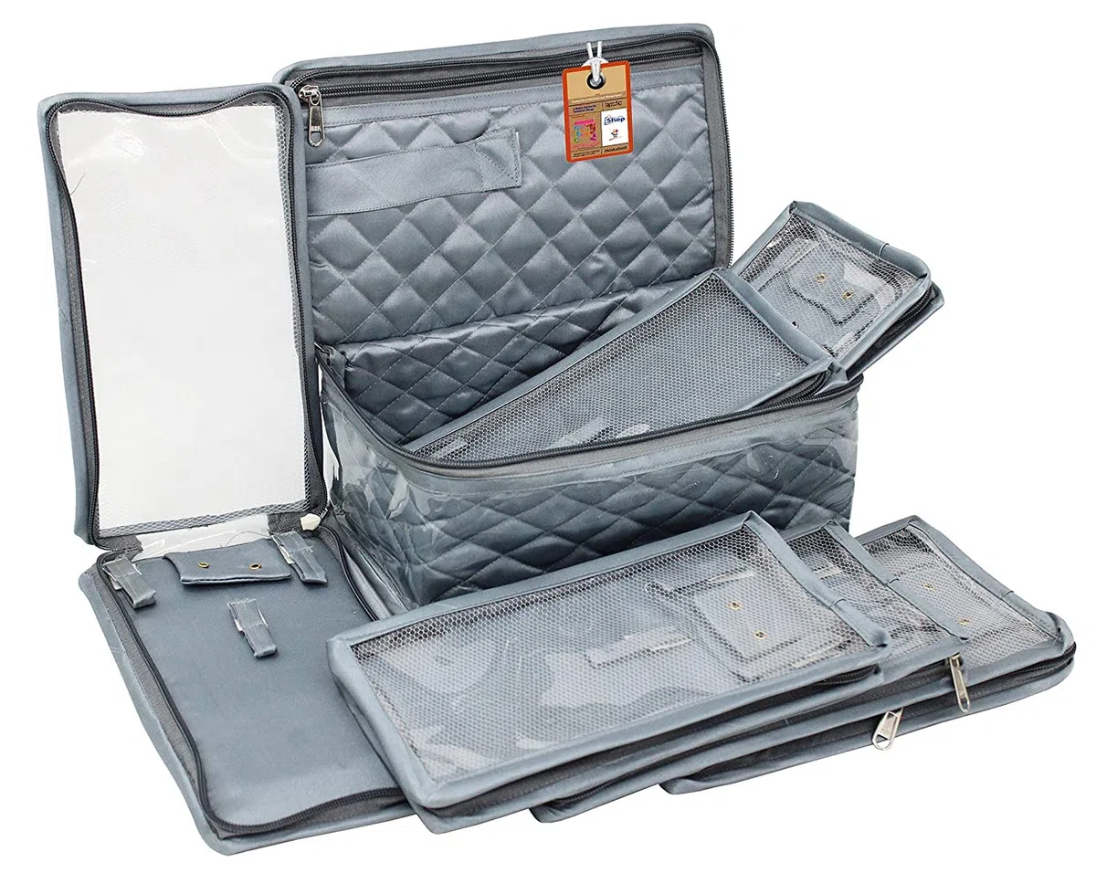 atorakushon Kit de maquillaje de satén, Organizador de Almacenaje de Joyas de Viaje, Bolsa de Mano para Collares, Aretes, Anillos y Pulseras, Color Gris