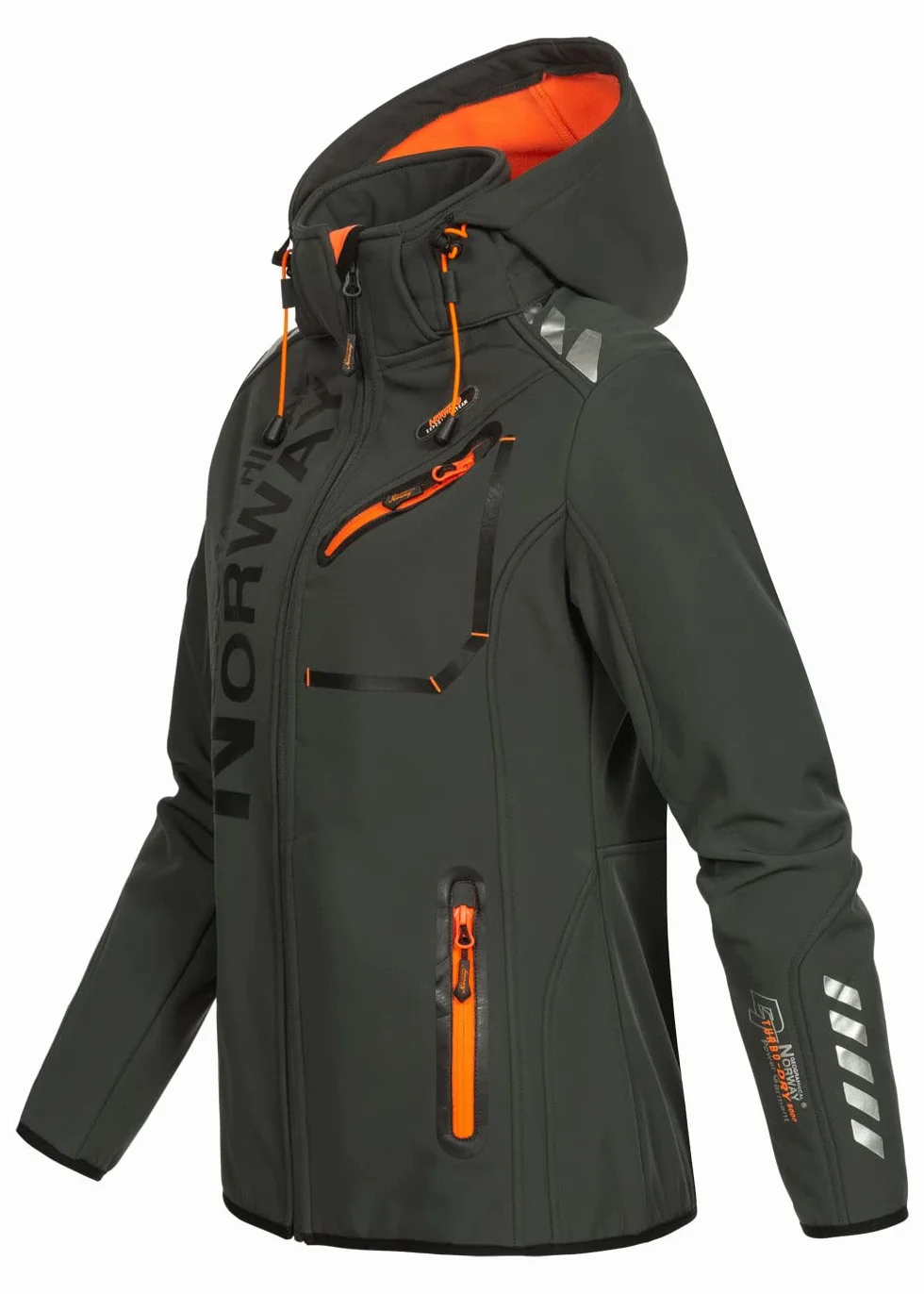 Geographical Norway Reine Lady - Chaqueta Softshell Mujer Impermeable Capucha - Abrigo Polar Cortavientos - Cazadore Aire Libre Deporte Esquí Invierno Primavera (Gris Oscuro Naranja M)