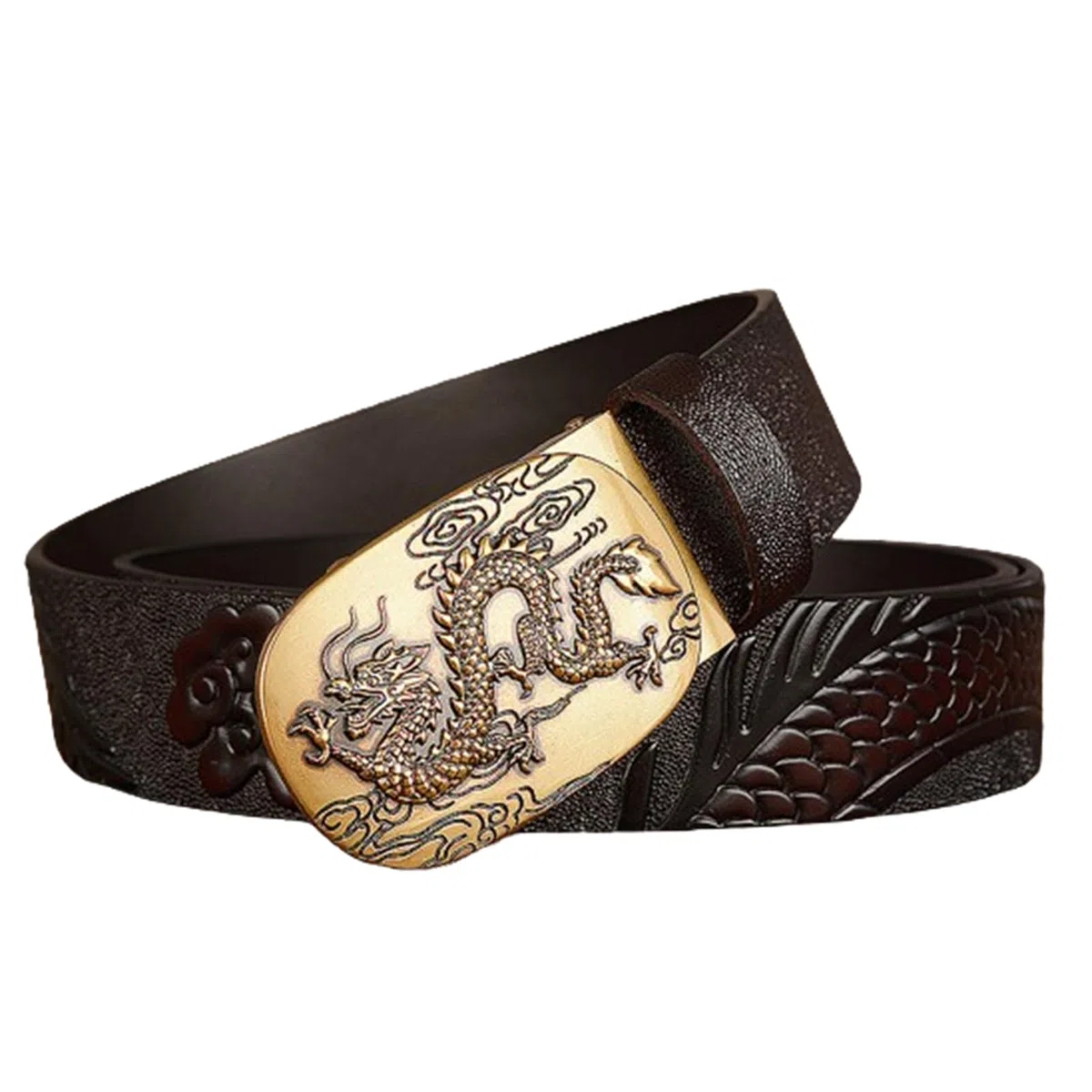 Cinturón De Trinquete para Hombre Hebilla Automática Deslizante Dragon Cinturones De Dragón Tallado En Relieve Longitud 110-130cm Correas De Cuero De Vaca(115cm/45, Coffee)