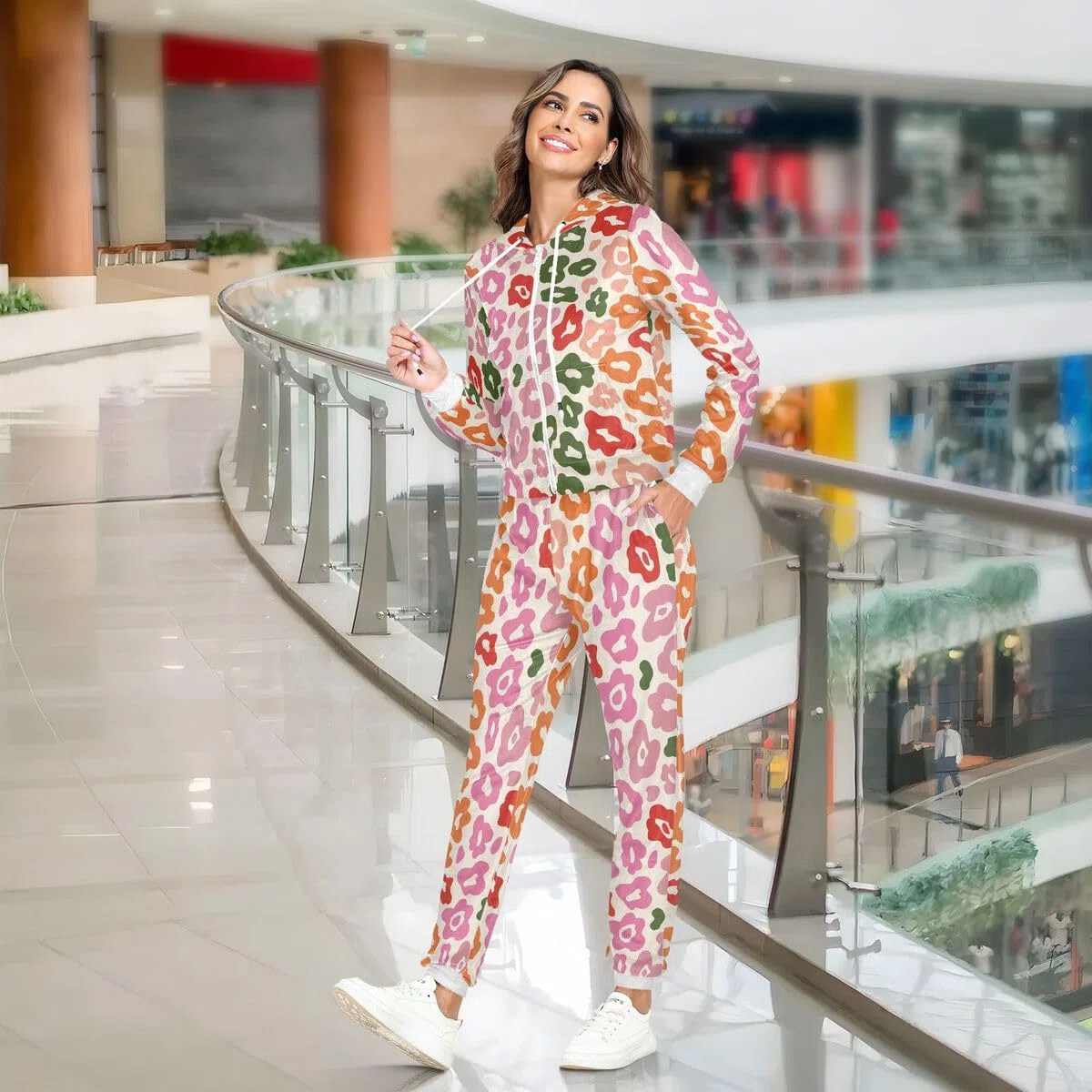 Conjunto deportivo de 2 piezas para mujer, diseño de leopardo animal, manga larga, conjunto deportivo de flores