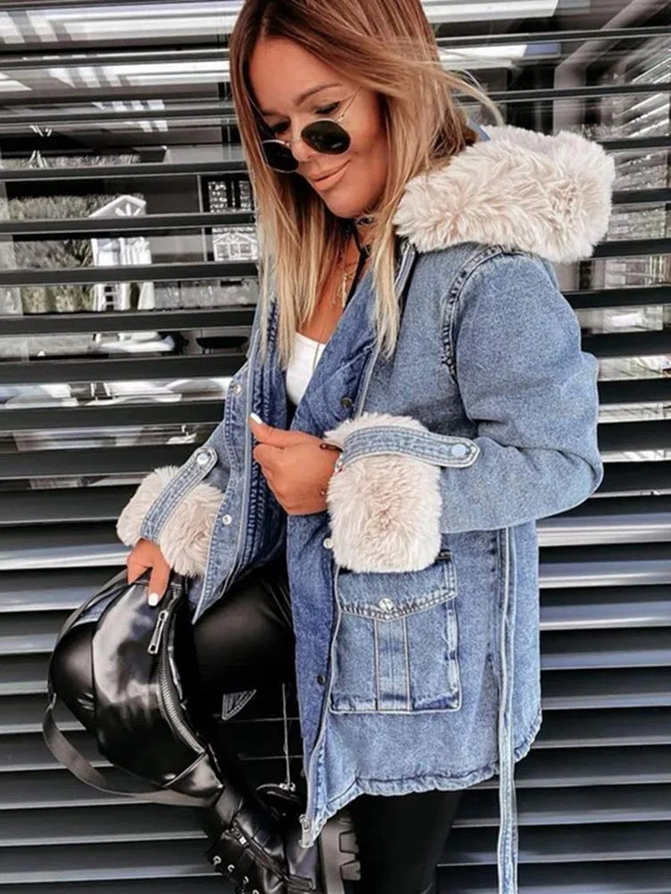 Minetom Chaqueta Vaquera para Mujer Invierno Cuello De Piel Abrigo Chaquetas De Mezclilla Tallas Grandes Suelto Casual Peludo Caliente Moda Outwear Capa Espesar Abrigo