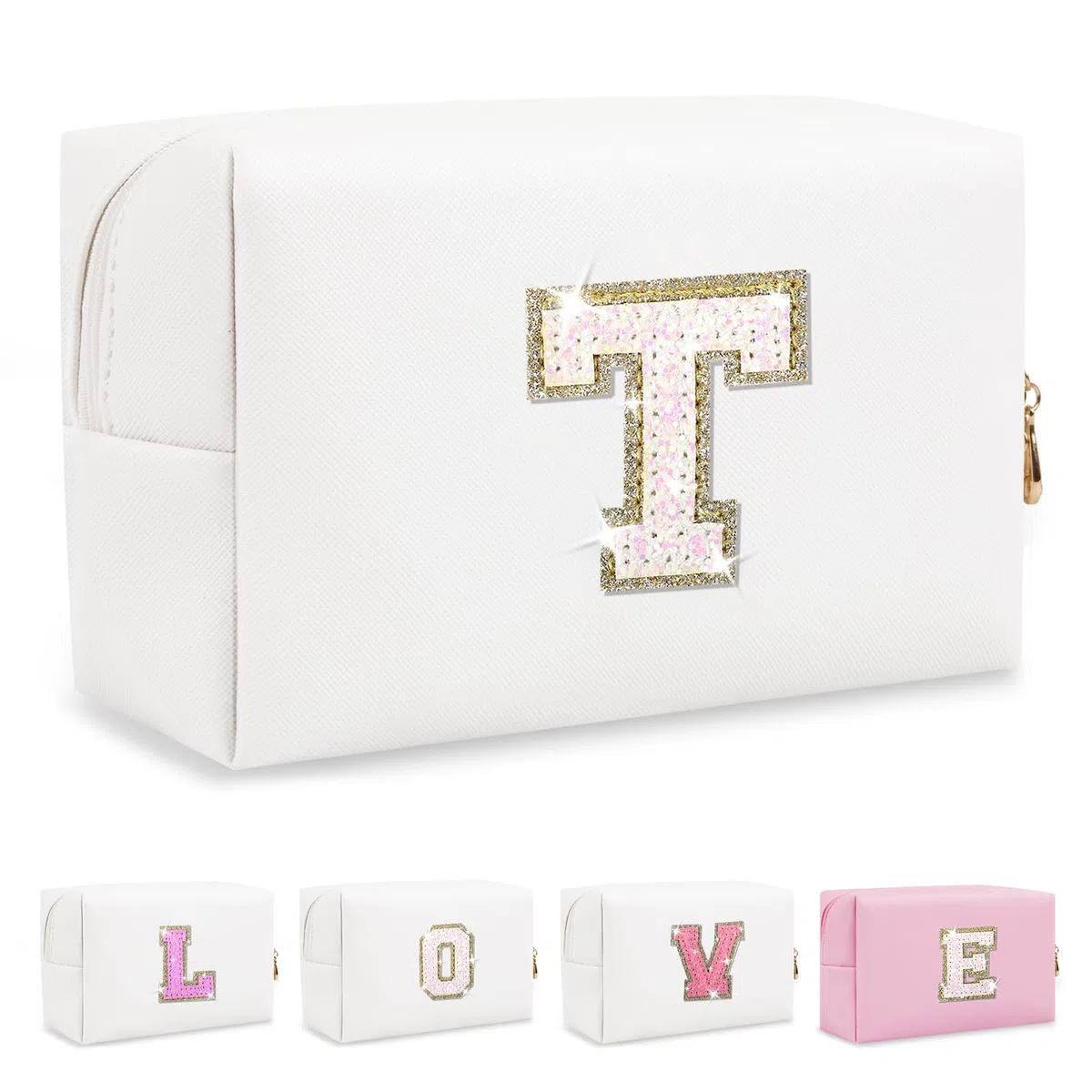 Neceser Personalizado de la A a la Z, Bolsa de Viaje pequeña con Cremallera, Bonita Bolsa de Aseo Blanca, Regalo para niñas y Mujeres cumpleaños, White, T, Preppy, Personalizado