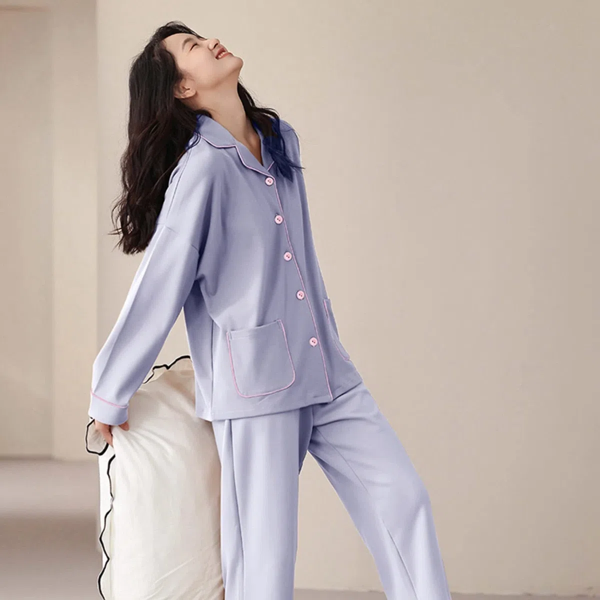 Pijama de Franela de Invierno y otoño para Mujer y Hombre, Conjunto de 2 Piezas de algodón y otoño, con Mangas largas y pantalón de Solapa Fina, Color Morado Claro, Ideal para el h