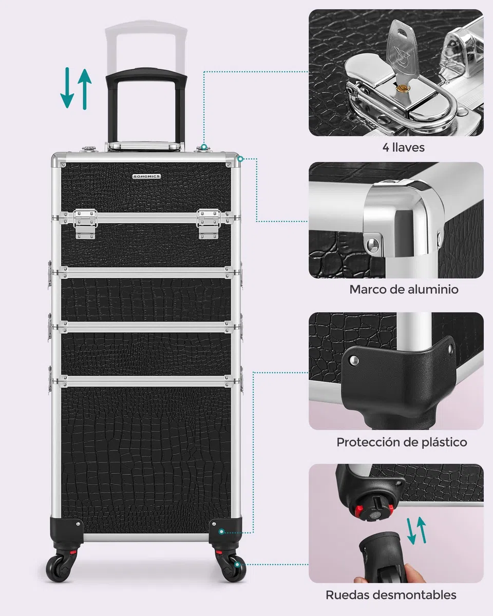 SONGMICS Maleta de Maquillaje Profesional, Maletín para Cosméticos 4 en 1, Extra Grande, Maletín de Peluquería, Con Tapa, 35 x 25 x 79 cm, Cerradura, Ruedas 360°, para Viaje, Regalo, Negro JHZ06B