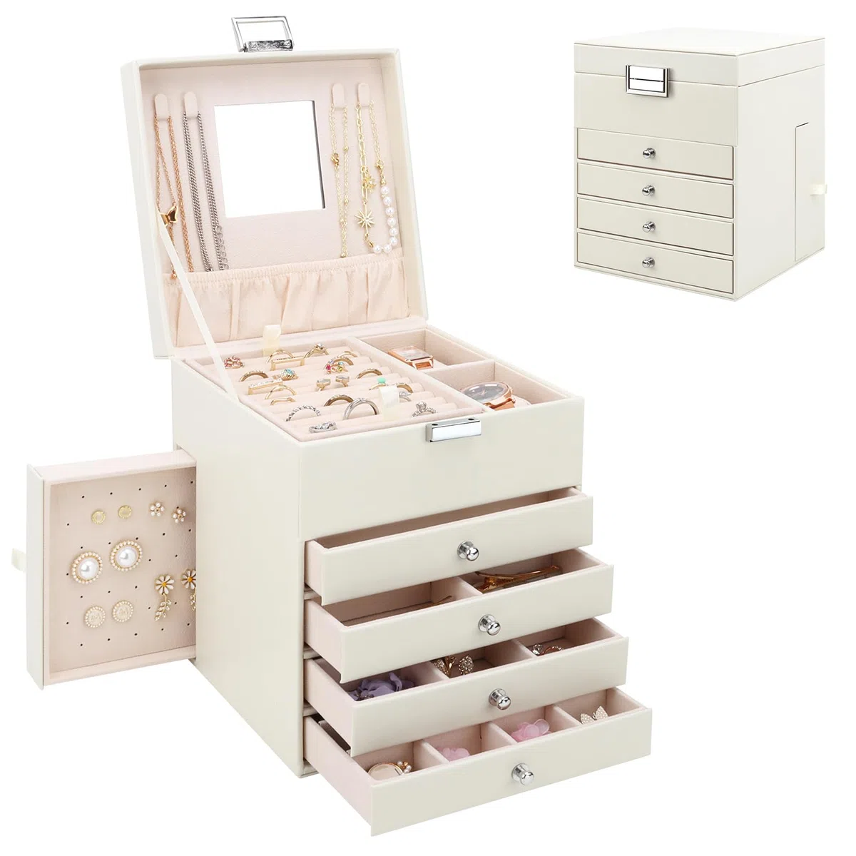Caja Joyero con 5 Niveles de PU, Estuche para Joyería con 6 Cajones, Caja Organizador de Joyas con cajones laterales para collares, pendientes, anillos, relojes, Beige