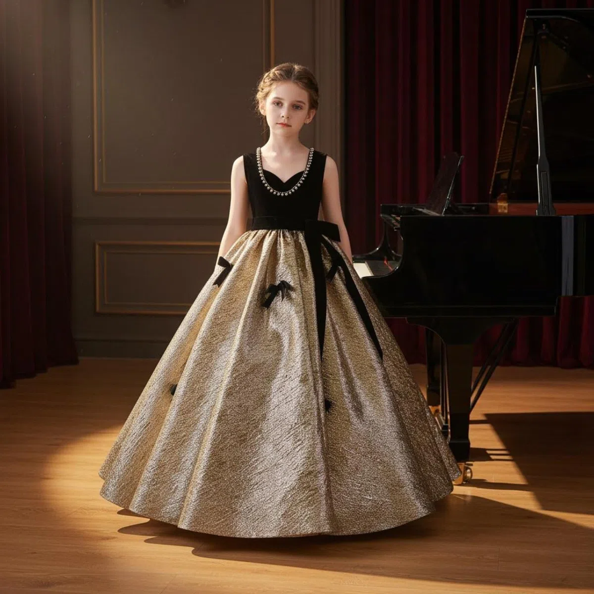 Vestido de Fiesta Negro y Dorado Faldón Dorada Brillante Vestido de Actuación Teclado Estilo Elegante Ropa Infantil para Niñas