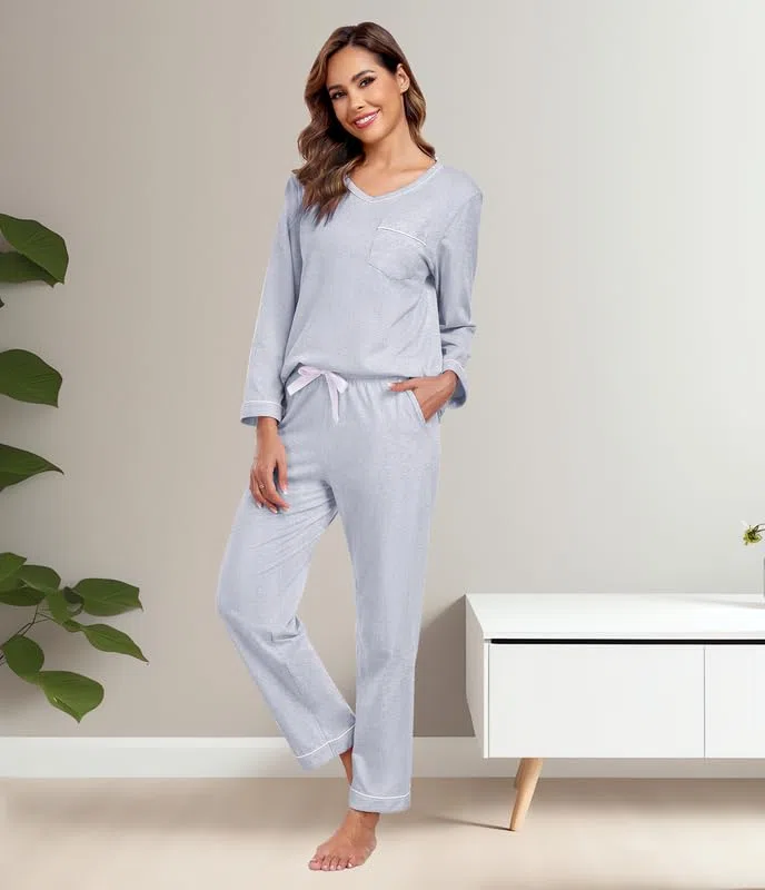COLORFULLEAF Pijama para mujer 100% algodón largo pijama conjunto dos piezas otoño invierno pijamas manga larga traje de casa, gris, S