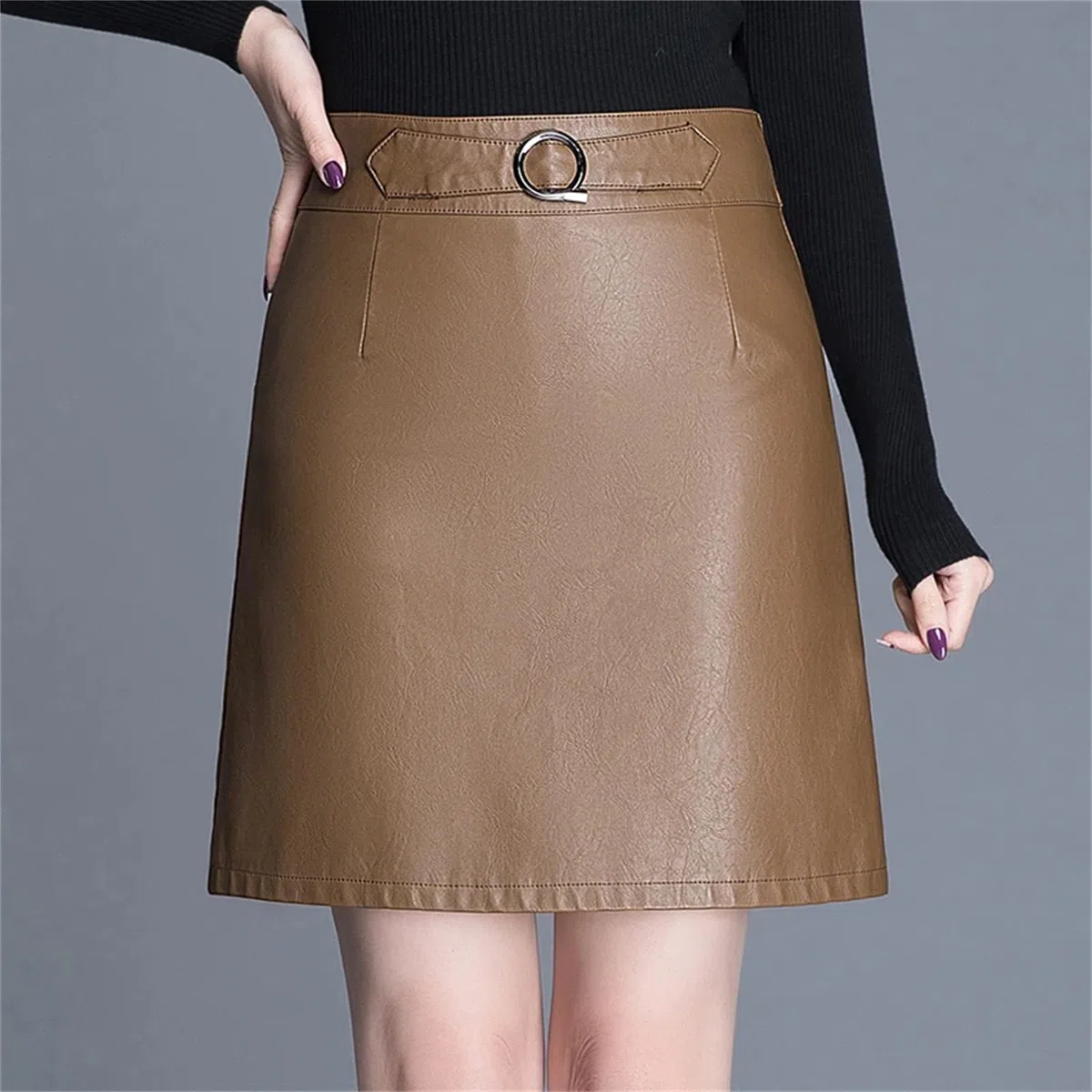 Minifalda de piel sintética para mujer, cintura alta, falda elegante para mujer, falda corta acampanada