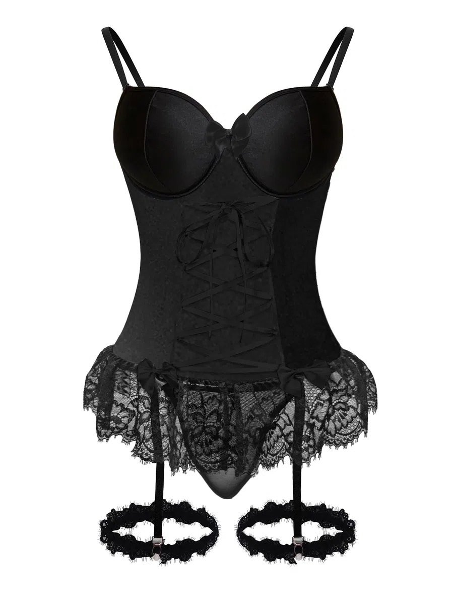 GXNRHG Corsé de Malla Sexy con Volantes y Encaje con Aros, Liguero Transparente, picardías, Conjunto de lencería con Tanga, 3 Piezas