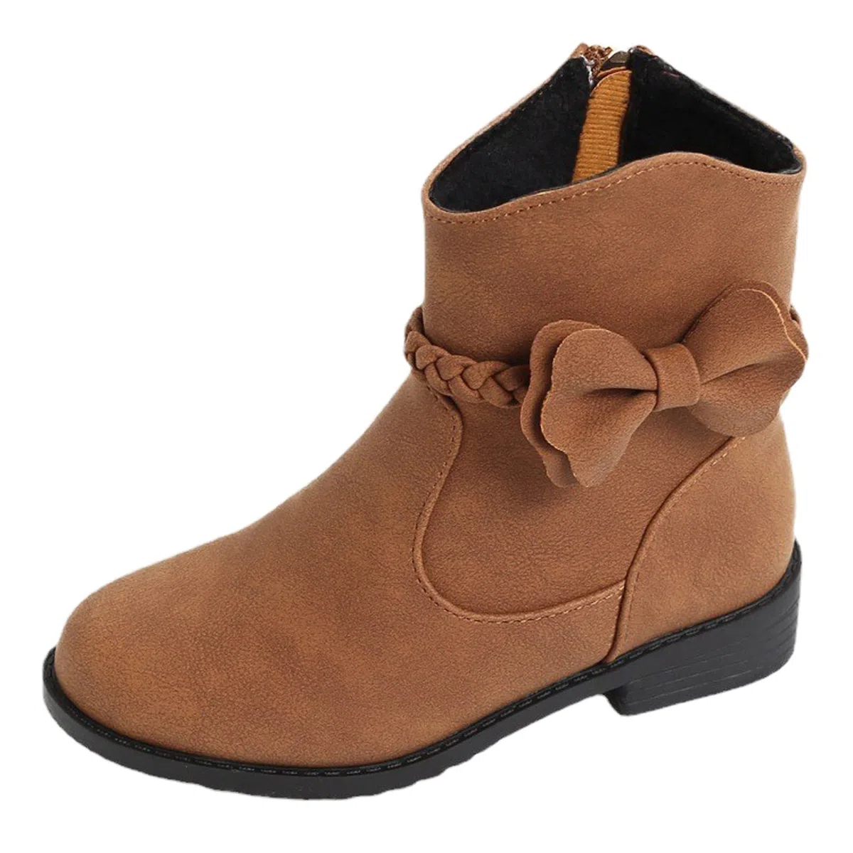 Generisch Botas occidentales para niñas - Botines de equitación de tacón bajo con cremallera lateral decoración de lazo, detalle trenzado, calzado infantil robusto