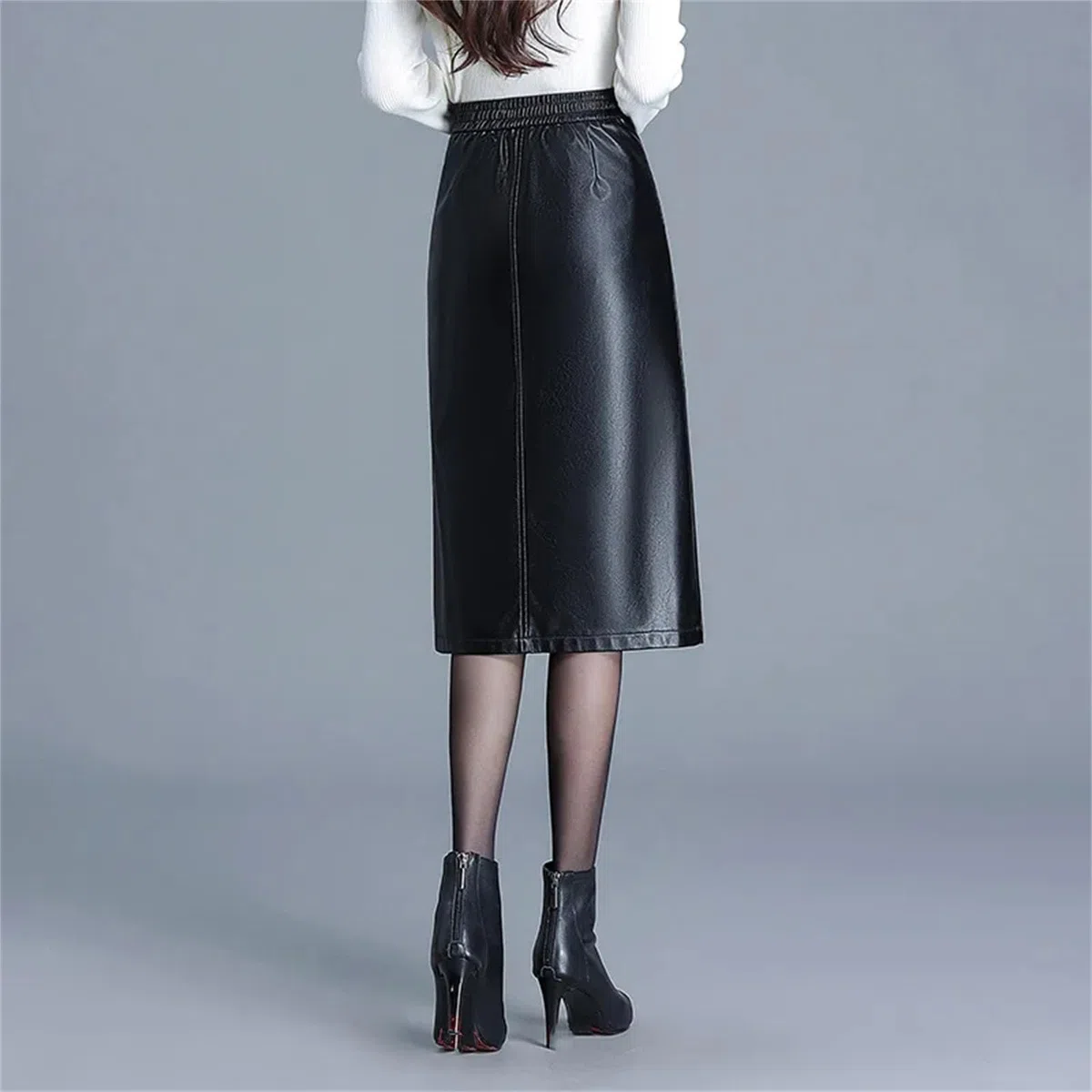 Falda de cuero para mujer, falda de piel sintética de invierno de cintura alta, falda recta, falda midi casual
