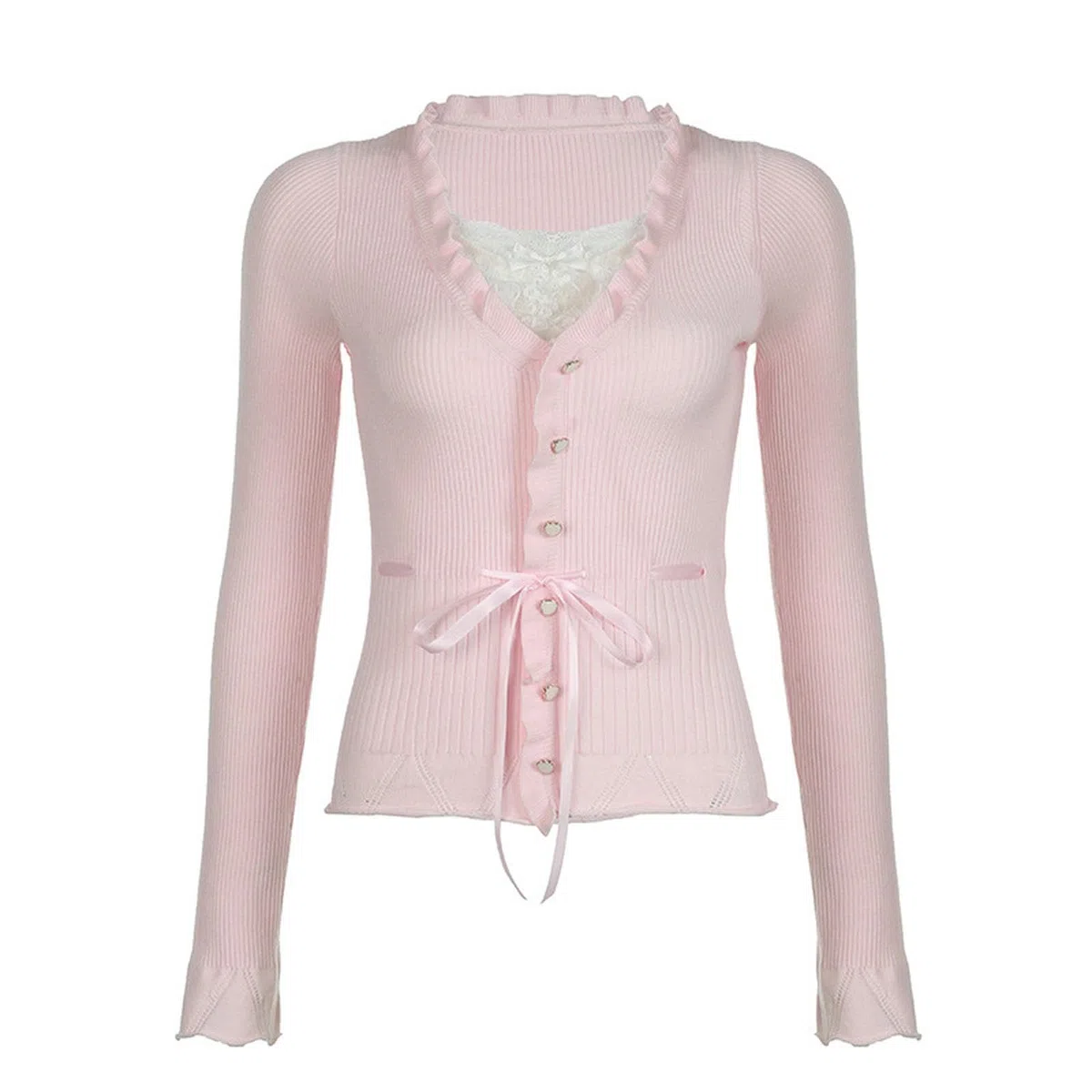 Estilo Suave y Dulce Corbata de Empalme de Encaje Pajarita Cuello Cuadrado Top Rosa niña Encaje versátil Mangas largas-07827 Rosa Claro-S