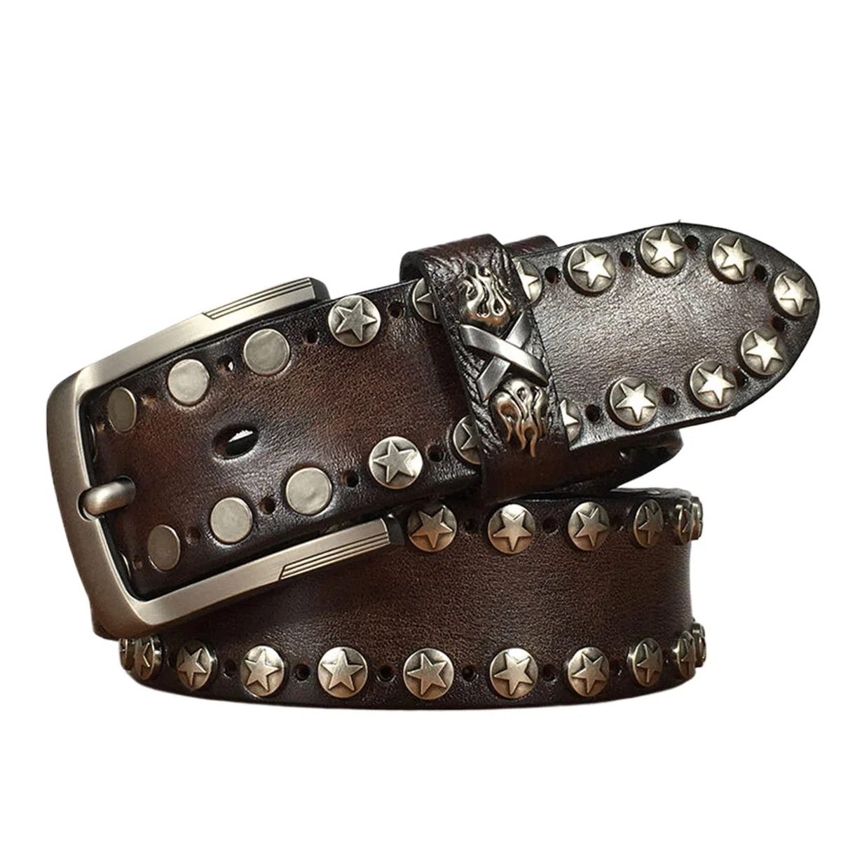 Cinturones Hombre Rivet, Cinturon Remache Ajustable Retro Punk Rock, Cinturón Occidental Tachonado de Cuero Genuino con Hebilla de Metal Aleación,Marrón,120CM/47.3''