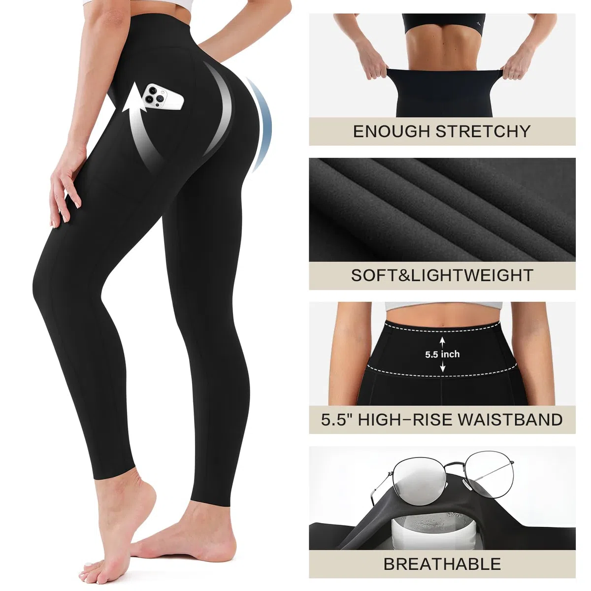 Blisset Paquete de 3 leggings de cintura alta para mujer con bolsillos, pantalones suaves y activos con control de abdomen para yoga, correr y uso diario, 000-negro/negro/negro, L-XL