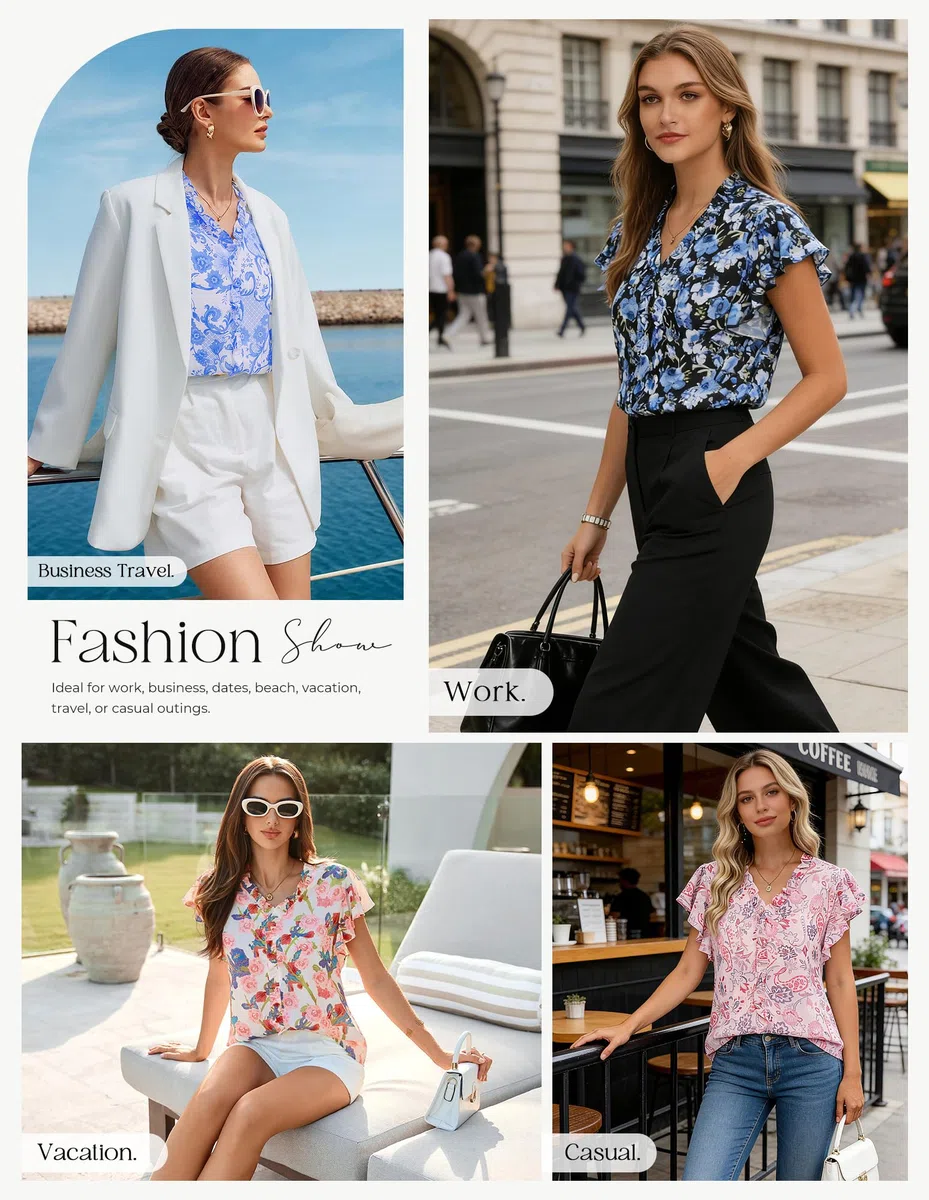 GRACE KARIN Blusa de verano de manga corta con volantes para mujer, estilo casual, holgada, floral, estilo bohemio, elegante