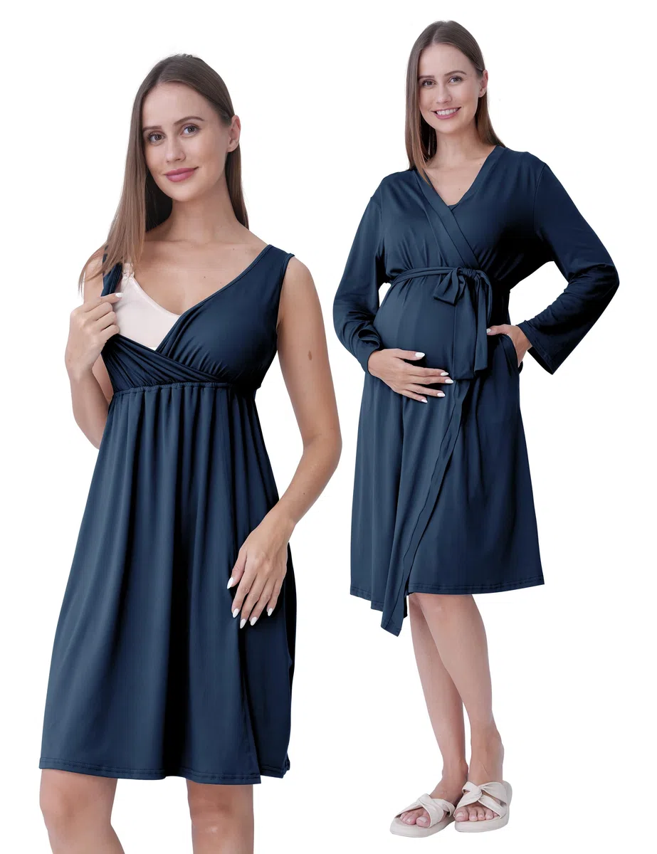 SUNNYBUY Camisón de maternidad y lactancia con bata, 2 piezas, juego de vestido de noche 3 en 1 para el parto, el parto y la lactancia, ropa de dormir hospital, azul marino, S