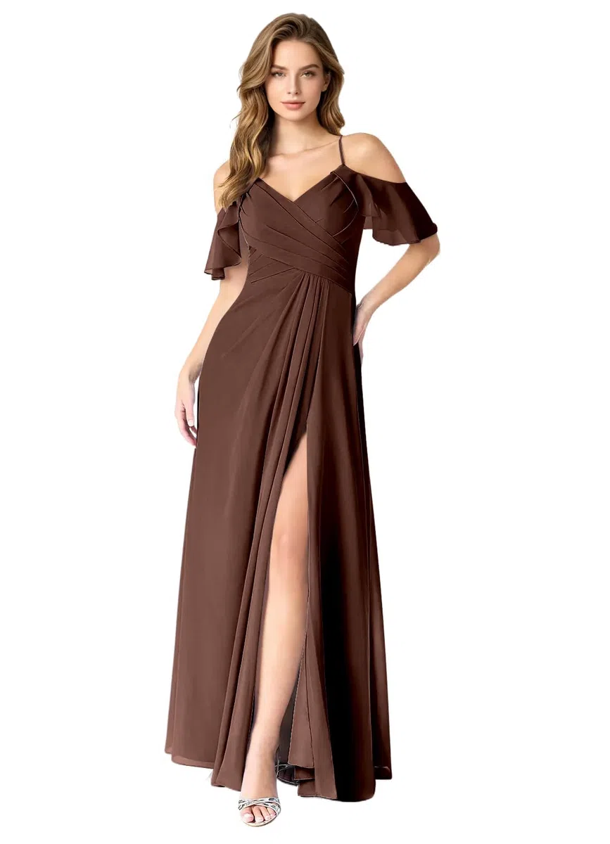 Vestidos de dama de honor de gasa con hombros descubiertos para boda largos con abertura, marrón, 38 | Vestido de invitada de boda con cuello en V y volantes, vestido formal de fiesta para jóvenes
