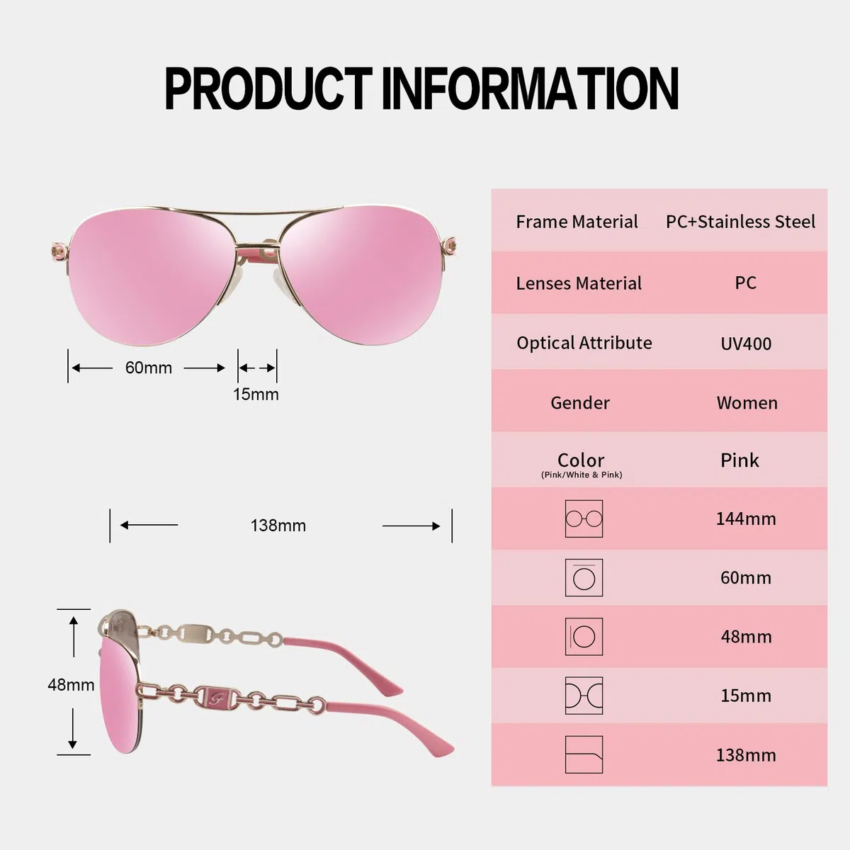 FONHCOO - anteojos de sol de aviador para mujeres y hombres, marco de metal UV400 con espejo