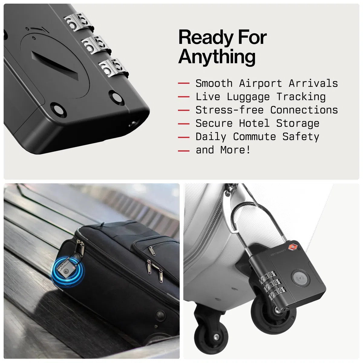 KeySmart SmartLock – Candado inteligente con rastreador, aprobado por la TSA, compatible con Apple Find My, GPS Bluetooth, batería reemplazable no recargable (Pack de 3)