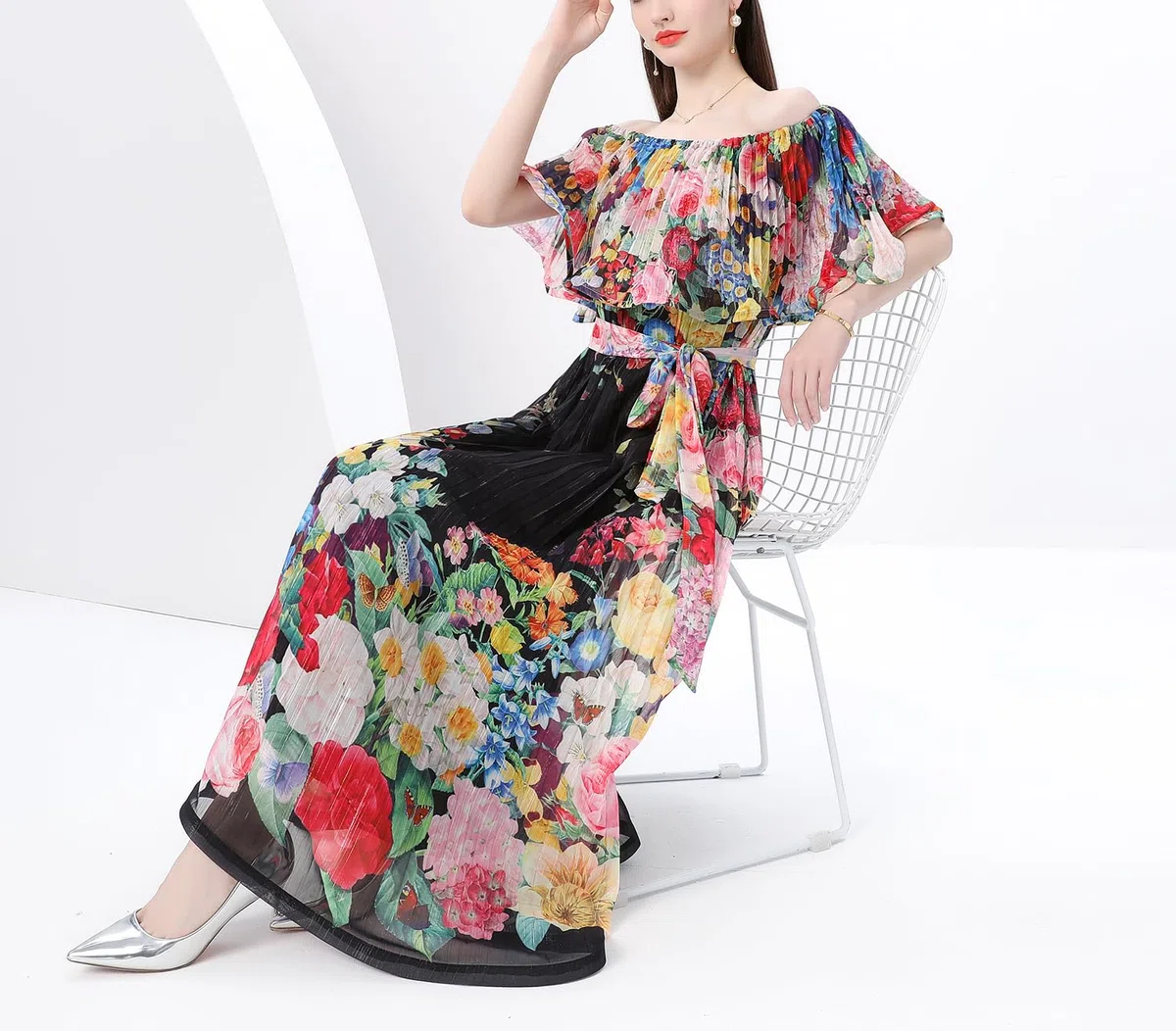 Elegante vestido largo con hombros descubiertos y estampado floral para mujer, para verano, casual, playa, vestido largo