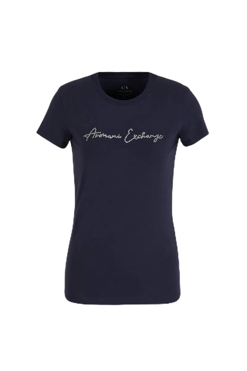 Armani Exchange Rhinestone Script Logo Cotton Crewneck T-Shirt Camiseta Mujer